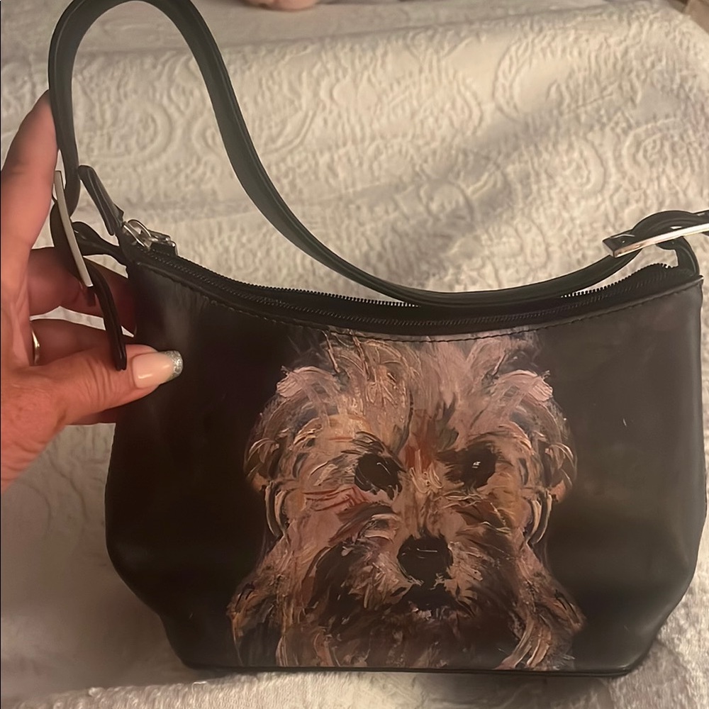 Jeon of Los Angeles Black leather Shoulder Bag with painted Dog Print